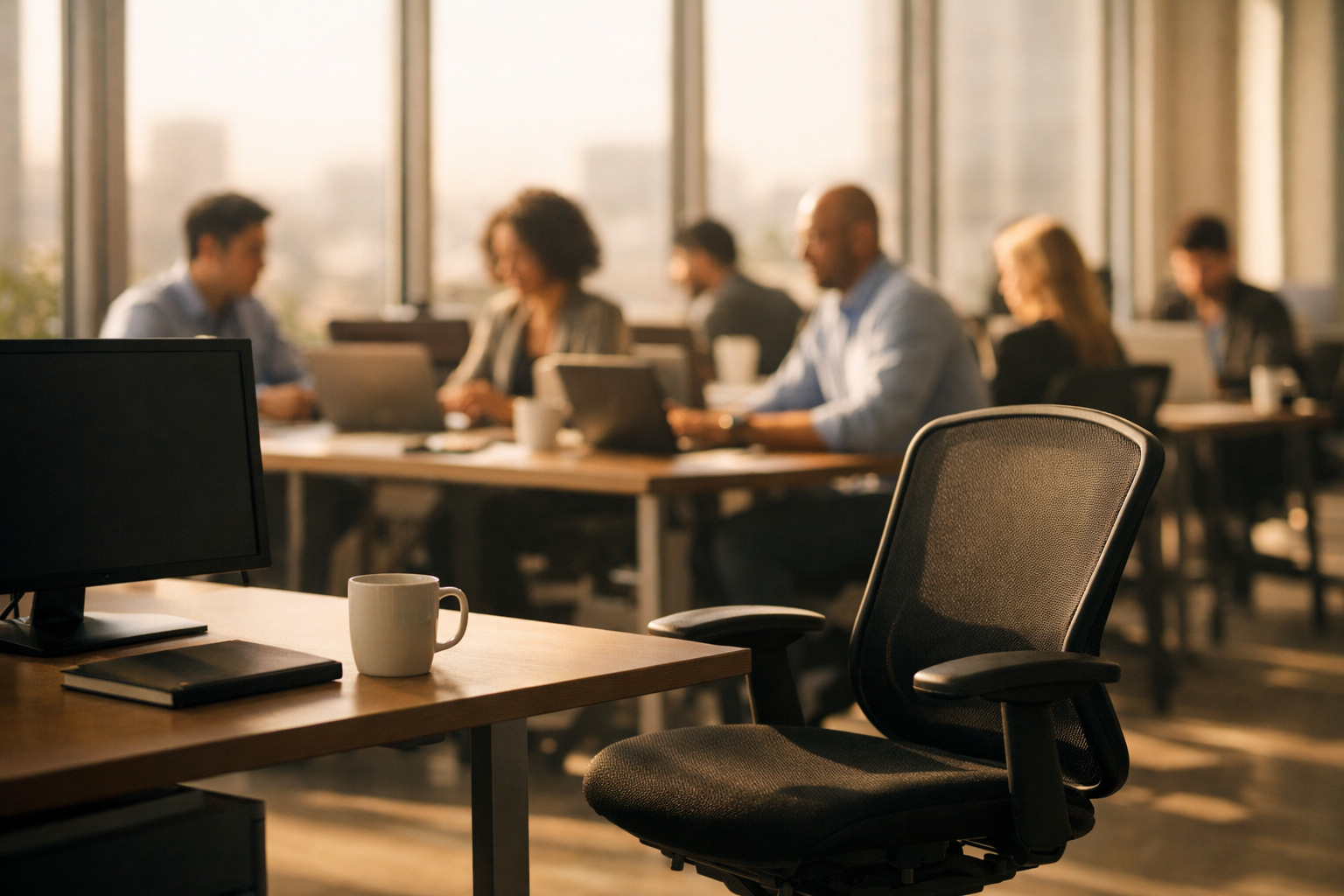 An empty chair at a desk in an otherwise occupied office.