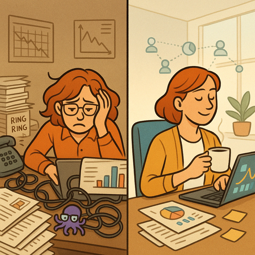 Split image, left side a stressed woman, right side a happy woman with a laptop