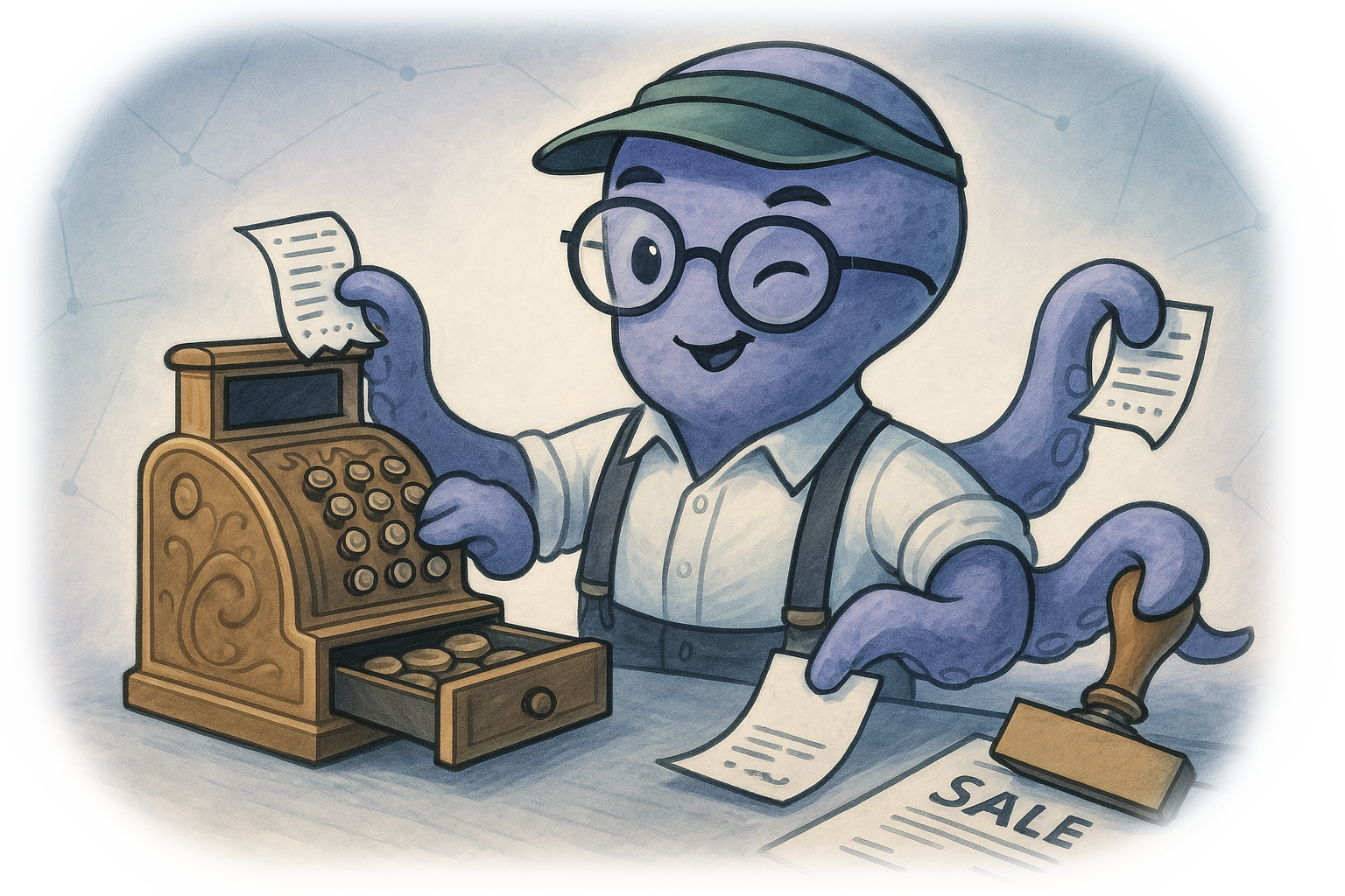 Hubble the friendly octopus holding a price tag