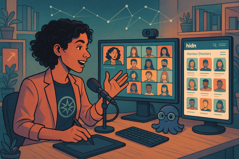 Woman giving webinar using hidn